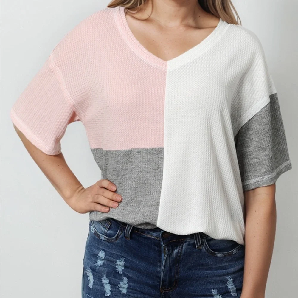 🔥🔥Multi Color Waffle Color Block Short Sleeve Top - Picture 1 of 5